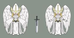 Rule 34 | angel, belt, blonde hair, chibi, digimon, holyangemon, holyangemon priest mode, mask, sword, weapon, wings