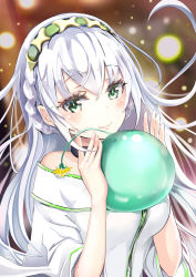 Rule 34 | 1girl, blurry, carrying, choker, commentary request, depth of field, green eyes, hairband, jacket, keepout, long hair, looking at viewer, orb, original, silver hair, smile, solo, tsurime, wide sleeves