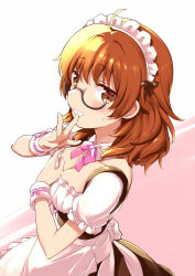 Rule 34 | 1girl, ahoge, apron, araki hina, armband, black-framed eyewear, black dress, black ribbon, blush, bow, bowtie, breasts, brown eyes, brown hair, cleavage, detached collar, dress, frilled apron, frills, from side, glasses, hair ribbon, hand on own chest, idolmaster, idolmaster cinderella girls, idolmaster cinderella girls starlight stage, looking at viewer, medium breasts, messy hair, mitsuki meia, open hand, open mouth, pink bow, pink bowtie, puffy short sleeves, puffy sleeves, ribbon, short hair, short sleeves, shy, simple background, smile, solo, sweatdrop, two-tone background, waist apron, white apron, white armband, white headdress