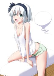 Rule 34 | 1girl, alternate costume, arm support, bare arms, bare legs, bare shoulders, black hairband, black ribbon, breasts, cleavage, collarbone, commentary request, dolphin shorts, green eyes, gym shorts, hair between eyes, hair ribbon, hairband, highres, konpaku youmu, konpaku youmu (ghost), looking at viewer, medium breasts, midriff peek, nori tamago, open mouth, ribbon, shirt, short hair, short shorts, shorts, silver hair, sitting, smile, solo, straddling, tank top, touhou, vaulting horse, white background, white shirt
