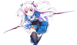 Rule 34 | 1girl, absolute duo, black footwear, black ribbon, black thighhighs, blue skirt, blush, breasts, commentary request, dual wielding, frilled skirt, frills, hair bobbles, hair ornament, hair ribbon, hatsunatsu, holding, holding weapon, leaning to the side, long hair, long sleeves, purple hair, red eyes, ribbon, shirt, shoes, simple background, skirt, solo, standing, standing on one leg, sword, thighhighs, two side up, weapon, white background, white shirt, yurie sigtuna
