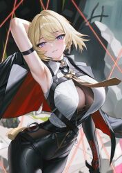 1girl arm_behind_head arm_strap armpits black_gloves black_jacket black_pants blonde_hair breasts chest_harness chinese_commentary collared_shirt commentary_request cowboy_shot earrings elbow_gloves evelyn_chevalier gloves harness highres jacket jacket_on_shoulders jewelry large_breasts light_smile necktie pants parted_lips purple_eyes shirt short_hair single_elbow_glove solo takibi_(tamikyo) tight_clothes tight_pants white_shirt yellow_necktie zenless_zone_zero