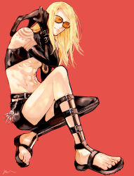 Rule 34 | 1boy, belt buckle, black sleeves, black thighhighs, blonde hair, buckle, chest belt, detached sleeves, fate/grand order, fate (series), full body, knee up, leg belt, legs apart, long hair, long sleeves, looking at viewer, male focus, nervlish, official alternate costume, one-piece swimsuit, single thighhigh, skinny, smile, solo, sunglasses, tezcatlipoca (fate), tezcatlipoca (summer break) (fate), thighhighs, turtleneck, turtleneck one-piece swimsuit