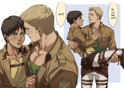Rule 34 | 2boys, bad id, bad twitter id, bara, belt, black hair, blonde hair, blue eyes, blush, brown jacket, brown shirt, carrying, carrying person, chest belt, cropped jacket, dudlesnoodles, english text, eren yeager, green shirt, highres, jacket, large pectorals, looking at another, male focus, multiple boys, muscular, muscular male, pants, pectorals, reiner braun, shingeki no kyojin, shirt, short hair, white pants, yaoi, yellow eyes