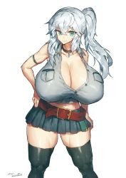 Rule 34 | 1girl, aqua eyes, armband, bare shoulders, belt, belt buckle, black collar, black thighhighs, breast pocket, breasts, brown belt, buckle, cleavage, closed mouth, collar, collarbone, commentary request, crop top, crossed bangs, curvy, grey shirt, hair between eyes, hand on own hip, huge breasts, legs apart, long hair, looking at viewer, loose belt, melon22, midriff, miniskirt, navel, original, partially unbuttoned, pleated skirt, pocket, ponytail, shiny clothes, shiny skin, shirt, sidelocks, signature, silver hair, simple background, skirt, sleeveless, sleeveless shirt, smile, solo, standing, thighhighs, white background, wing collar