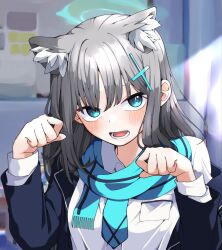 Rule 34 | 1girl, animal ear fluff, animal ears, black jacket, blue archive, blue eyes, blush, breast pocket, breasts, collared shirt, cross hair ornament, extra ears, gang h, grey hair, hair ornament, halo, hands up, highres, indoors, jacket, long hair, long sleeves, looking at viewer, mismatched pupils, open mouth, paw pose, pocket, scarf, shiroko (blue archive), shirt, sidelocks, small breasts, solo, upper body