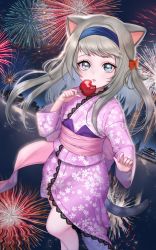 Rule 34 | animal ears, blade &amp; soul, blue eyes, bow, brown hair, building, candy apple, cat ears, cat tail, cherry blossom print, eating, fireworks, floral print, food, hair bow, hairband, highres, japanese clothes, kimono, long hair, lyn (blade &amp; soul), night, night sky, obi, outdoors, pink kimono, reflection, ribbon, rity, sash, sky, solo, tail, water, yukata