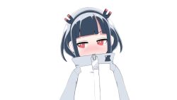 Rule 34 | 1girl, black hair, black hairband, blunt bangs, blush, closed mouth, gyari (imagesdawn), hairband, highres, jacket, jitomi monoe, light frown, looking away, looking to the side, magnet, nose blush, official art, red eyes, simple background, solo, tears, upper body, virtual youtuber, voms, white background, white jacket, zipper pull tab