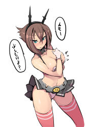 Rule 34 | 10s, 1girl, blush, breasts, breasts out, brown hair, clothes pull, crossed arms, female focus, gloves, green eyes, highres, kantai collection, large breasts, looking at viewer, mutsu (kancolle), nac000, navel, nipples, panties, shirt pull, short hair, simple background, sketch, skirt, solo, thighhighs, translated, underwear
