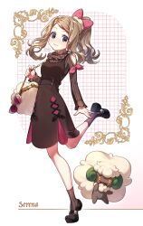 Rule 34 | 1girl, bag, blonde hair, blue eyes, character name, closed mouth, clothing cutout, commentary request, creatures (company), dress, eyelashes, full body, game freak, gen 5 pokemon, grey-framed eyewear, hand up, handbag, highres, holding strap, leg up, long sleeves, looking at viewer, nintendo, official alternate costume, pokemon, pokemon (creature), pokemon masters ex, ponytail, ribbed socks, serena (palentine&#039;s 2021) (pokemon), serena (pokemon), shi mohaji, shoes, shoulder cutout, sidelocks, smile, socks, sunglasses, whimsicott
