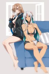 Rule 34 | 2girls, amazuki jou, azur lane, bikini, bikini top only, black jacket, body markings, bodypaint, center opening, choker, coffee, coffee mug, couch, cup, dark-skinned female, dark skin, disposable cup, facial mark, feather hair ornament, feathers, forehead mark, hair ornament, hand on another&#039;s head, highres, holding, holding cup, jacket, jean bart (azur lane), light brown hair, long hair, massachusetts (azur lane), mug, multicolored hair, multiple girls, nail polish, native american, open clothes, open jacket, orange eyes, pillow, red eyes, short shorts, shorts, swimsuit, two-tone hair, white hair, white nails, yuri