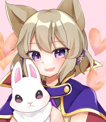 Rule 34 | 1girl, animal, animal ears, blush, brown hair, cape, earmuffs, heart, high collar, highres, holding, holding animal, looking at viewer, open mouth, purple eyes, rabbit, short hair, smile, solo, touhou, toyosatomimi no miko, u amy1207, upper body