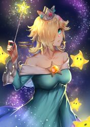 Rule 34 | 1girl, blonde hair, blue dress, blue eyes, breasts, brooch, collarbone, crown, dress, earrings, hair over one eye, highres, holding, holding wand, jewelry, large breasts, long hair, long sleeves, looking at viewer, luma (mario), mario (series), nail polish, nintendo, off shoulder, parted lips, purple nails, rosalina, super mario galaxy, wand, wani (fadgrith)