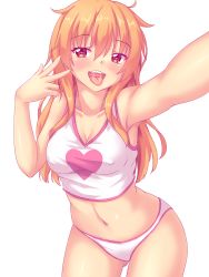 Rule 34 | 1girl, bad id, bad pixiv id, blonde hair, blush, breasts, cleavage, covered erect nipples, heart, heart in eye, highres, long hair, looking at viewer, medium breasts, midriff, navel, nottytiffy, open mouth, original, panties, red eyes, self-portrait, simple background, slit pupils, smile, solo, symbol in eye, tiffy (nottytiffy), underwear