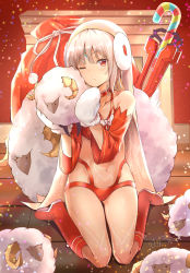Rule 34 | 1girl, absurdres, altera (fate), altera the santa (fate), bare shoulders, bikini, blush, board game, boots, bow, candy, candy cane, choker, christmas, dark-skinned female, dark skin, detached sleeves, earmuffs, fate/grand order, fate (series), fireplace, food, forehead jewel, full body, gift bag, gloves, go (board game), highres, looking at viewer, mittens, navel, one eye closed, red bikini, red choker, red eyes, red footwear, sheep, short hair, sitting, solo, sunhyun, swimsuit, tattoo, veil, wariza, white bow, white gloves, white hair, white mittens