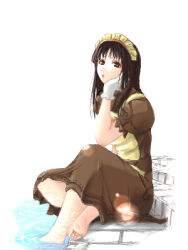 1girl apron barefoot black_hair brown_dress brown_eyes closed_mouth commentary_request dress expressionless full_body gloves hand_on_own_cheek hand_on_own_face jasmine_(ragnarok_online) kafra_uniform looking_at_viewer lowres maid maid_headdress mr.romance puffy_short_sleeves puffy_sleeves ragnarok_online short_sleeves simple_background sitting solo water white_apron white_background white_gloves