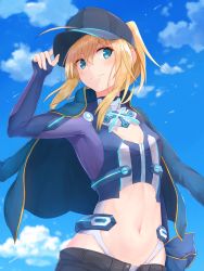 Rule 34 | 1girl, arm up, artoria pendragon (fate), baseball cap, black hat, black pants, blonde hair, blue eyes, blue jacket, breasts, closed mouth, commentary request, crop top, day, fate/grand order, fate (series), floating hair, from below, groin, hair between eyes, hand on headwear, hat, highres, jacket, jacket on shoulders, long sleeves, looking away, mysterious heroine x (fate), mysterious heroine x (third ascension) (fate), navel, open clothes, open fly, open jacket, outdoors, pants, ponytail, purple shirt, reuri (tjux4555), rojiura satsuki: chapter heroine sanctuary, shirt, short hair, short ponytail, sidelocks, sideways glance, small breasts, smile, solo, standing, stomach, unbuttoned, wind