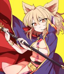 Rule 34 | 1girl, blonde hair, blue cape, blue sailor collar, bracelet, breasts, cape, closed mouth, cowboy shot, gold, holding, holding sword, holding weapon, jewelry, looking at viewer, maguro (mawaru sushi), medium hair, orange eyes, pink shirt, pink skirt, pointy hair, sailor collar, scabbard, sheath, shirt, skirt, sleeveless, sleeveless shirt, small breasts, solo, sword, touhou, toyosatomimi no miko, weapon, yellow background