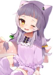 Rule 34 | 1girl, ;o, absurdres, aged down, animal ears, bad id, bad pixiv id, bloomers, blunt bangs, cat ears, child, commentary request, fake animal ears, female focus, frills, hair ornament, hat, highres, hololive, long hair, long sleeves, looking at viewer, low-tied long hair, low twintails, murasaki shion, noi mine, one eye closed, pajamas, pillow, purple thighhighs, sidelocks, silver hair, simple background, sitting, solo, thighhighs, twintails, underwear, virtual youtuber, waking up, white background, yellow eyes, zettai ryouiki