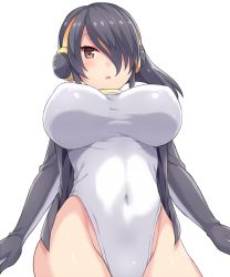 Rule 34 | 10s, 1girl, amane hasuhito, bad id, bad pixiv id, black hair, black jacket, breasts, brown eyes, covered navel, cowboy shot, emperor penguin (kemono friends), hair over one eye, headphones, hood, hooded jacket, jacket, kemono friends, large breasts, leotard, looking at viewer, medium hair, multicolored hair, shiny clothes, shiny skin, simple background, solo, standing, tail, thighhighs, two-tone hair, white background, white leotard, white thighhighs