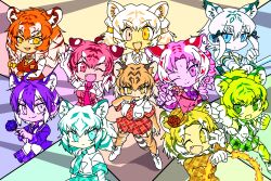Rule 34 | 6+girls, :/, ;), ;d, alternate design, animal ears, animal print, arm at side, arm up, arms at sides, bat wings, breast pocket, byakko (kemono friends), chibi, closed mouth, collared shirt, colored inner hair, colorful, drill hair, elbow gloves, empty eyes, expressionless, extra ears, facial mark, fang, fang out, fangs, fire, flower, forehead mark, garter straps, gloves, golden tabby tiger (kemono friends), hand up, hat, heterochromia, highres, holding, holding flower, holding sword, holding weapon, jacket, kemono friends, legs apart, light smile, long hair, long sleeves, looking at another, looking at viewer, maltese tiger (kemono friends), medium hair, mini hat, mini top hat, multicolored hair, multiple girls, necktie, one eye closed, open mouth, outstretched arm, plaid, plaid jacket, plaid necktie, plaid sleeves, plaid vest, pocket, print gloves, print thighhighs, rose, saber (weapon), shirt, short sleeves, siberian tiger (kemono friends), sleeveless, sleeveless shirt, smile, smilodon (kemono friends), south china tiger (kemono friends), srd (srdsrd01), standing, streaked hair, sumatran tiger (kemono friends), sweater vest, sword, tail, thighhighs, tiger (kemono friends), tiger ears, tiger girl, tiger print, tiger tail, tilted headwear, top hat, twintails, v, v-shaped eyebrows, vest, weapon, white tiger (kemono friends), white tiger print, wings, zettai ryouiki