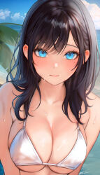 Rule 34 | 1girl, absurdres, beach, bikini, black hair, blue eyes, blush, breasts, breasts squeezed together, chromatic aberration, cleavage, close-up, collarbone, commentary, day, dripping, eyelashes, hair behind ear, hair over shoulder, highres, horizon, large breasts, lips, long hair, looking at viewer, mole, mole under eye, ocean, original, outdoors, palm tree, parted bangs, raeun 46, revision, shiny skin, sidelocks, smile, solo, string bikini, sunlight, swimsuit, symbol-only commentary, tree, underboob, upper body, wet, white bikini