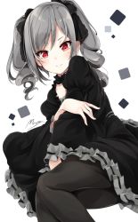Rule 34 | 10s, 1girl, bad id, bad twitter id, black pantyhose, drill hair, gothic lolita, highres, idolmaster, idolmaster cinderella girls, kanzaki ranko, lolita fashion, long hair, maremay0513, pantyhose, red eyes, silver hair, simple background, smile, solo, square, twin drills, twintails, white background
