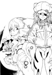 Rule 34 | 1girl, absurdres, bodysuit, breasts, chibi, dbqp, eva 01, eva 02, evangelion: 3.0 you can (not) redo, eyepatch, female focus, hat, highres, jacket, long hair, looking at viewer, mecha, monochrome, multiple views, neon genesis evangelion, plugsuit, rebuild of evangelion, robot, scan, shaded face, sketch, smile, souryuu asuka langley, standing, wide hips