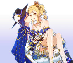Rule 34 | 2girls, bare shoulders, black gloves, black hat, blonde hair, blue background, blue hair, blush, braid, breasts, cleavage, closed eyes, collarbone, commentary request, crown, crown braid, detached sleeves, gloves, gradient background, hat, highres, holding hands, kiss, kissing cheek, love live!, love live! sunshine!!, matsuura kanan, medium breasts, mini crown, multiple girls, nyasa, ohara mari, one eye closed, pants, pink theme, single hair ring, sitting, sitting on lap, sitting on person, smile, striped clothes, striped thighhighs, thighhighs, white background, white pants, yellow eyes, yuri