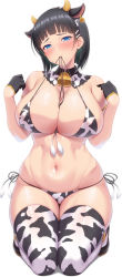 Rule 34 | 1girl, animal ears, animal print, bell, between breasts, bikini, bikini in mouth, black gloves, black hair, blue eyes, blush, breasts, clothes in mouth, commentary request, cow ears, cow horns, cow print, cow print bikini, cowbell, curvy, ear tag, gloves, hair ornament, hairclip, half gloves, highres, horns, kawase seiki, kirigaya suguha, kneeling, large breasts, mouth hold, navel, neck bell, print bikini, short hair, side-tie bikini bottom, simple background, solo, swimsuit, sword art online, thick thighs, thighhighs, thighs, white background, wide hips