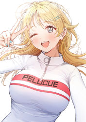 Rule 34 | 1girl, ;d, ame (uten cancel), arm up, bad id, bad twitter id, blonde hair, blue eyes, blue nails, blush, breasts, clothes writing, commentary, fingernails, hachimiya meguru, hair ornament, hairclip, highres, idolmaster, idolmaster shiny colors, large breasts, long hair, long sleeves, looking at viewer, nail polish, one eye closed, open mouth, round teeth, smile, solo, teeth, upper body, upper teeth only, v, zipper, zipper pull tab
