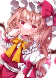Rule 34 | 1girl, blonde hair, blurry, blurry background, blush, bow, bowtie, buttons, commentary, crystal, dutch angle, flandre scarlet, frilled shirt collar, frills, hand on own face, hat, hat bow, jaku sono, long hair, looking at viewer, mob cap, one side up, pointy ears, puffy short sleeves, puffy sleeves, red bow, red eyes, red skirt, red vest, shirt, short sleeves, skirt, smile, solo, touhou, upper body, vest, white background, white hat, white shirt, wings, wrist cuffs, yellow bow