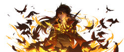 Rule 34 | 1boy, absurdres, bird, black coat, black hair, closed mouth, coat, elsword, highres, long hair, looking at viewer, male focus, mechanical arms, name connection, nova imperator (elsword), object namesake, ponytail, raven cronwell, simple background, single mechanical arm, solo, white background, yellow eyes, yumuto (spring1786)