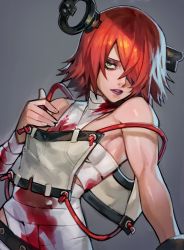 Rule 34 | 1girl, a.b.a, arc system works, bags under eyes, bandages, blood, bloody bandages, breasts, gloves, green eyes, grey background, guilty gear, guilty gear xx, hair between eyes, hair over one eye, hand on own chest, highres, key, key in head, lips, lipstick, looking at viewer, makeup, medium breasts, object through head, purple lips, red hair, short hair, simple background, solo, uncle rabbit ii, upper body