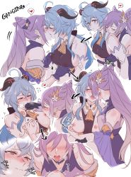 Rule 34 | 2girls, ahoge, bare shoulders, bell, black gloves, blue hair, blush, breast sucking, breasts, closed eyes, closed mouth, cone hair bun, cowbell, detached sleeves, faceless, faceless female, ganyu (genshin impact), genshin impact, gloves, goat horns, hair bun, heart, heavy breathing, highres, horns, hug, hug from behind, keqing (genshin impact), kiss, large breasts, long hair, multiple girls, neck bell, negom, nipple stimulation, nipple tweak, nipples, open mouth, purple eyes, purple hair, saliva, saliva trail, simple background, spoken heart, sweat, tongue, tongue out, twintails, white background, yuri
