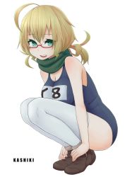 Rule 34 | 1girl, ass, bad id, bad pixiv id, blonde hair, breasts, brown footwear, cleavage, full body, glasses, green eyes, green scarf, i-8 (kancolle), kantai collection, kurosawa (kurosawakyo), large breasts, looking at viewer, low twintails, name tag, one-piece swimsuit, open mouth, red-framed eyewear, scarf, school swimsuit, semi-rimless eyewear, shoes, simple background, smile, solo, squatting, swimsuit, thighhighs, twintails, twitter username, under-rim eyewear, white background, white thighhighs