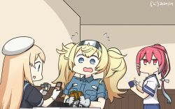 Rule 34 | 3girls, blonde hair, blue eyes, blue sailor collar, blue shirt, breast pocket, breasts, card, card (medium), cellphone, chair, collared shirt, commentary request, cowboy shot, dated, dress, flying sweatdrops, from side, gambier bay (kancolle), gloves, gradient hair, hair between eyes, hair ribbon, hairband, hamu koutarou, hat, highres, i-168 (kancolle), indoors, jervis (kancolle), jitome, kantai collection, large breasts, leaning back, long hair, looking at another, looking down, magic: the gathering, messy hair, multicolored hair, multiple girls, one-hour drawing challenge, one-piece swimsuit, open mouth, phone, pink hair, pocket, ponytail, red hair, ribbon, sailor collar, sailor dress, sailor hat, school swimsuit, school uniform, serafuku, shirt, short sleeves, signature, sitting, smartphone, swimsuit, swimsuit under clothes, table, twintails, two-tone hair, upper body, wavy mouth, white gloves, white headwear