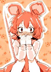 Rule 34 | 1girl, animal ears, blush, covering face, covering own mouth, covering privates, dress, female focus, flower, harusame (unmei no ikasumi), mouse ears, mouse tail, nazrin, red dress, red eyes, red hair, red theme, short hair, sitting, solo, tail, tail raised, touhou, wide-eyed