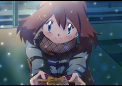 Rule 34 | 1girl, blue eyes, blush, box, brown hair, coat, creatures (company), game freak, gift, gift box, hair ornament, hairclip, looking at viewer, may (pokemon), nintendo, outstretched arms, plaid, plaid scarf, pokemon, pov, scarf, smile, snowing, solo, valentine, winter clothes, winter coat, x hair ornament, y@mato