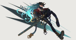 Rule 34 | 1girl, black footwear, blue eyes, blue hair, boots, breasts, character name, covered mouth, dpin (user adhr8855), earrings, eyebrow cut, eyeshadow, facial tattoo, full body, gloves, gold earrings, gradient hair, hat, highres, holding, holding sword, holding weapon, horns, jacket, jewelry, large breasts, long hair, makeup, medium breasts, multicolored hair, off shoulder, open clothes, open jacket, original, red eyeshadow, sheath, sheathed, sideboob, sleeveless, solo, sword, tattoo, weapon, white background