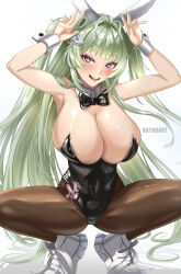 Rule 34 | 1girl, :d, adjusting clothes, animal ears, antenna hair, armpits, artist name, black bow, black bowtie, black leotard, blush, bowtie, breasts, brown pantyhose, detached collar, fake animal ears, goddess of victory: nikke, green hair, green nails, heart antenna hair, highleg, highleg leotard, huge breasts, leotard, long hair, looking at viewer, mole, mole on breast, nail polish, nathosf, open mouth, pantyhose, pink eyes, playboy bunny, rabbit ears, rabbit pose, shoes, smile, sneakers, soda (nikke), soda (twinkling bunny) (nikke), solo, spread legs, squatting, strapless, strapless leotard, tiptoes, twintails, wrist cuffs