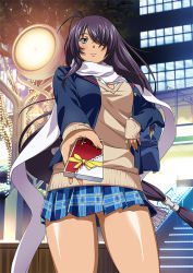 Rule 34 | 00s, 1girl, bag, black hair, blue skirt, box, eyebrows, from below, gift, gift box, grey eyes, hair over one eye, ikkitousen, kan&#039;u unchou, legs, long hair, looking at viewer, low-tied long hair, miniskirt, open bag, outdoors, pleated skirt, ribbon, scarf, school bag, shiny skin, skirt, solo, thigh gap, thighs, white scarf, yellow ribbon