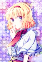 Rule 34 | 1girl, alice margatroid, bad id, bad pixiv id, blonde hair, blue eyes, capelet, female focus, hairband, red scarf, riichu, scarf, short hair, solo, touhou, upper body