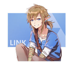 Rule 34 | 1boy, belt, blonde hair, blue background, blue eyes, blue shirt, blue tunic, blush, earrings, grin, jewelry, link, looking at viewer, nintendo, pointy ears, shirt, simple background, smile, smug, the legend of zelda, the legend of zelda: breath of the wild, undershirt