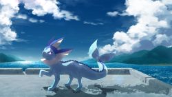 Rule 34 | closed mouth, cloud, creatures (company), day, from side, full body, game freak, gen 1 pokemon, highres, iie efg, lens flare, looking at viewer, looking to the side, nintendo, no humans, outdoors, pokemon, pokemon (creature), purple eyes, sky, solo, standing, toes, vaporeon, water, wet