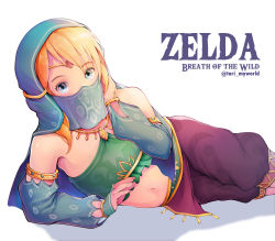 Rule 34 | 1boy, artist name, bad id, bad pixiv id, bare shoulders, blonde hair, blue eyes, blush, bridal gauntlets, commentary, copyright name, covered mouth, crossdressing, detached sleeves, earrings, gerudo set (zelda), highres, jewelry, link, looking at viewer, lying, male focus, midriff, mouth veil, navel, nintendo, official alternate costume, on side, pointy ears, solo, stomach, the legend of zelda, the legend of zelda: breath of the wild, tori (user hghr2284), trap, veil