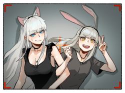 Rule 34 | 2girls, :d, animal ears, black choker, black shirt, blue eyes, blush, border, braid, breasts, bright pupils, rabbit ears, camera lens, cat ears, choker, cleavage, closed mouth, fake animal ears, floating hair, french braid, gogalking, grey hair, grey shirt, hand up, highres, jewelry, junior (gogalking), korean commentary, large breasts, light girl (gogalking), locked arms, long hair, looking at viewer, multiple girls, necklace, open mouth, original, round teeth, shirt, short sleeves, smile, sweat, teeth, upper teeth only, v, white border, white pupils