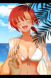 Rule 34 | 1girl, bare shoulders, beach, bikini, blush, boudica (fate), boudica (shining goddess) (fate), breasts, cleavage, closed eyes, cloud, collarbone, commentary request, day, fate/grand order, fate (series), front-tie bikini top, front-tie top, hair between eyes, halterneck, holding, large breasts, nail, navel, o-ring, o-ring bikini, ocean, open clothes, open mouth, open shirt, outdoors, plant, ponytail, pov, red hair, ruinosuke, sand, see-through, short hair, short ponytail, sky, smile, swimsuit, taking another&#039;s hand, water, white bikini