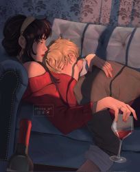 Rule 34 | 1boy, 1girl, black hair, blonde hair, blush, bottle, chicca art, closed eyes, couch, couple, cuddling, cup, drinking glass, hairband, highres, looking at another, nail polish, off-shoulder sweater, off shoulder, red nails, red sweater, sleeping, sleeping on person, spy x family, sweater, twilight (spy x family), window shadow, wine bottle, wine glass, yor briar