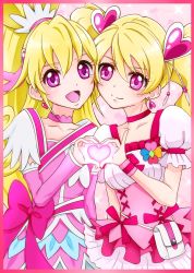 Rule 34 | 00s, 2girls, aida mana, blonde hair, bow, choker, color connection, cure heart, cure peach, curly hair, dokidoki! precure, dress, earrings, fresh precure!, hair ornament, half updo, heart, heart hair ornament, highres, jewelry, long hair, magical girl, momozono love, multiple girls, pink bow, pink eyes, ponytail, precure, ribbon, skirt, smile, twintails, uta (yagashiro25)
